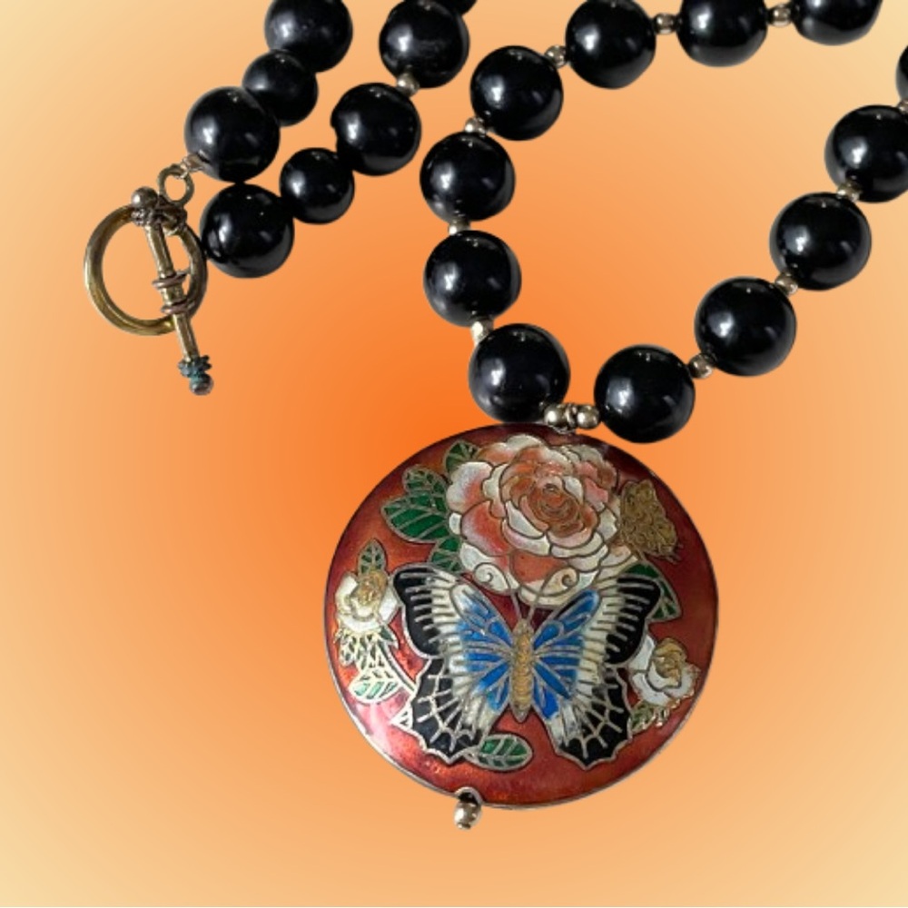Vintage cloisonné butterfly pendant w/ polished black stone beads onyx? AF